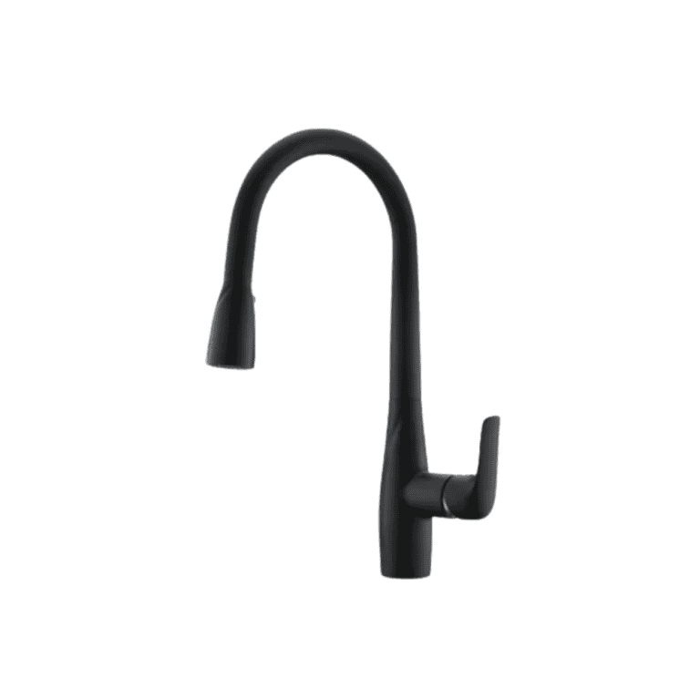 Brushed black kitchen sink faucet with flexible spout and single handle, modern kitchen faucet design for home or commercial use.