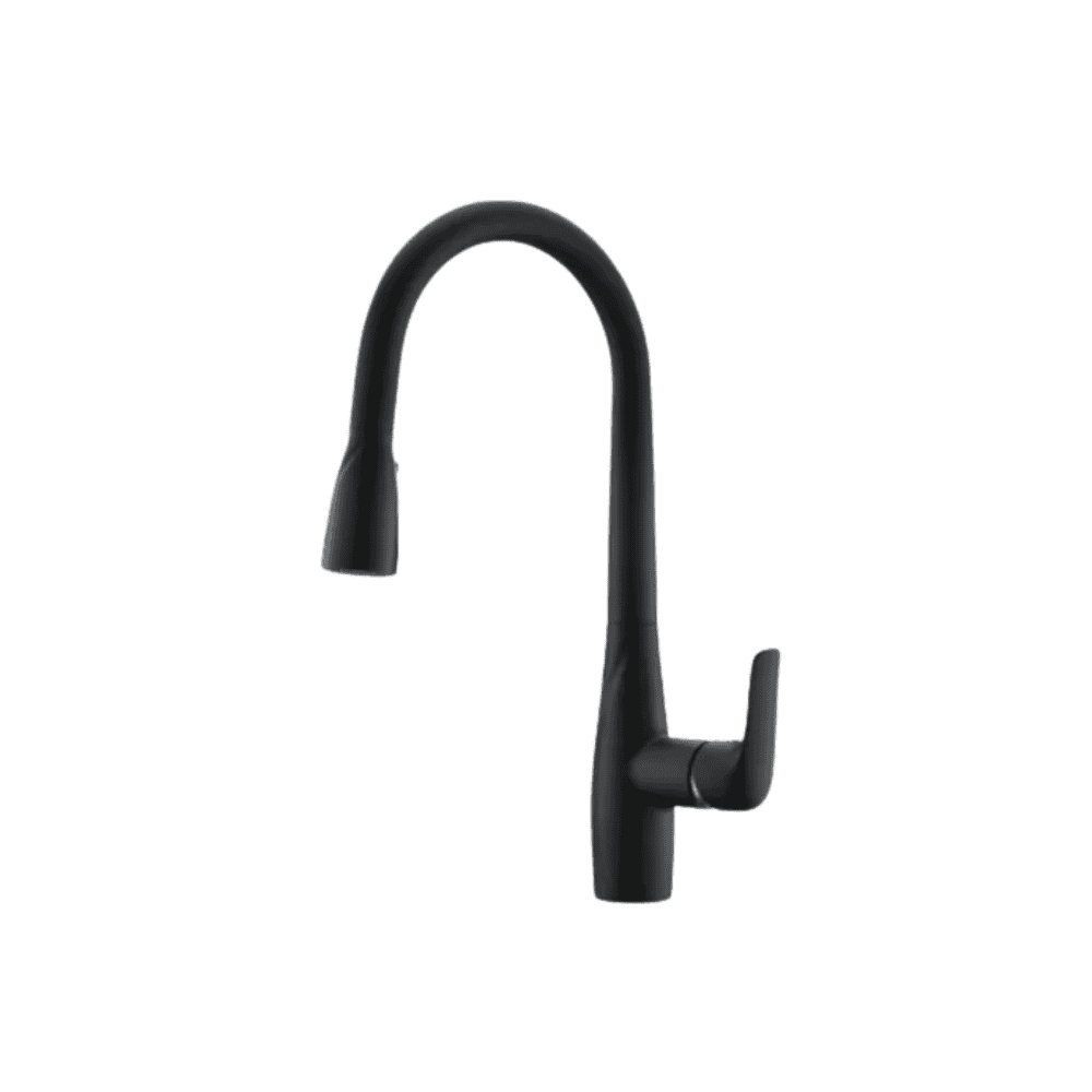 Brushed black kitchen sink faucet with flexible spout and single handle, modern kitchen faucet design for home or commercial use.