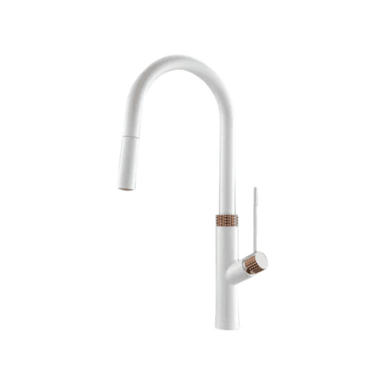 Brushed nickel kitchen faucet with gold accents, modern pull-down design, flexible spray head and single handle, ideal for contemporary kitchen sinks, durable and stylish fixture for home cooking spaces.
