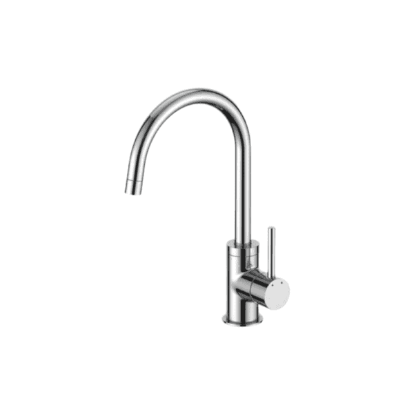 Brushed nickel kitchen faucet with single handle and high arc spout for modern kitchen sink. Durable chrome finish and easy control for efficient kitchen tasks.