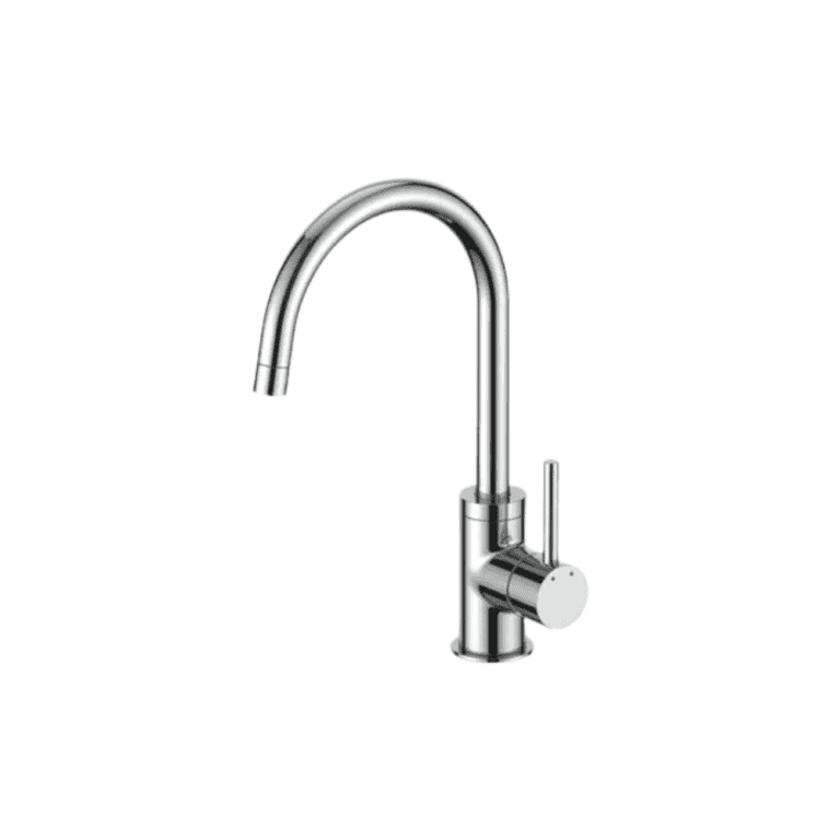 Brushed nickel kitchen faucet with single handle and high arc spout for modern kitchen sink. Durable chrome finish and easy control for efficient kitchen tasks.