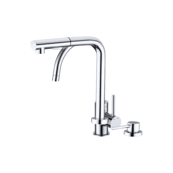 Brushed stainless steel kitchen faucet with single lever handle and pull-down sprayer. Modern, high-quality plumbing fixture for kitchen sink installation.