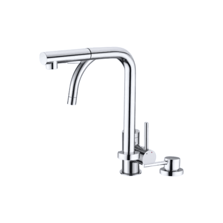 Brushed stainless steel kitchen faucet with single lever handle and pull-down sprayer. Modern, high-quality plumbing fixture for kitchen sink installation.