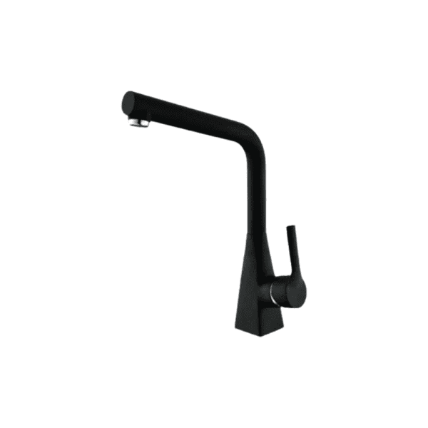 Black modern kitchen faucet with a sleek, minimalist design, stainless steel finish, and single handle for easy water control. Perfect for contemporary kitchen remodeling and upgrades.