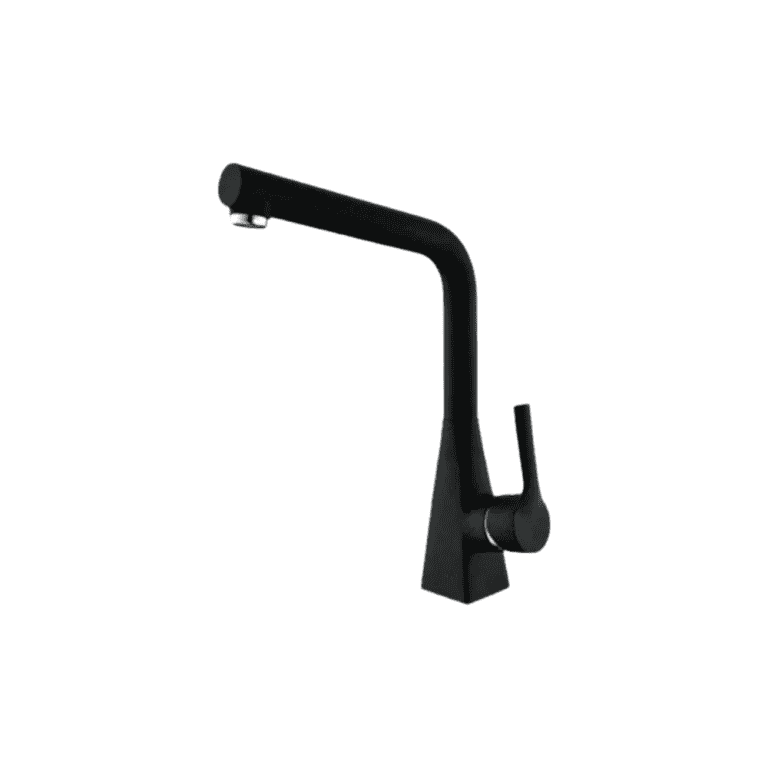 Black modern kitchen faucet with a sleek, minimalist design, stainless steel finish, and single handle for easy water control. Perfect for contemporary kitchen remodeling and upgrades.