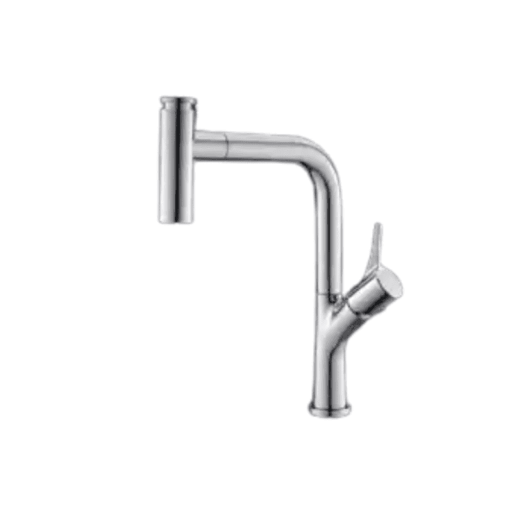 Brushed stainless steel kitchen faucet with pull-down spray head, modern design for kitchen remodeling and upgrades, high-quality durable material for residential or commercial kitchens, labeled KitchenByPro.com.