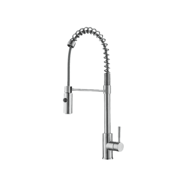 Sleek stainless steel commercial kitchen faucet with flexible spring spout and pull-down spray head for professional cooking and cleaning needs. Perfect for modern kitchen setups.