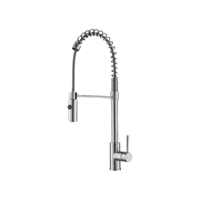 Sleek stainless steel commercial kitchen faucet with flexible spring spout and pull-down spray head for professional cooking and cleaning needs. Perfect for modern kitchen setups.