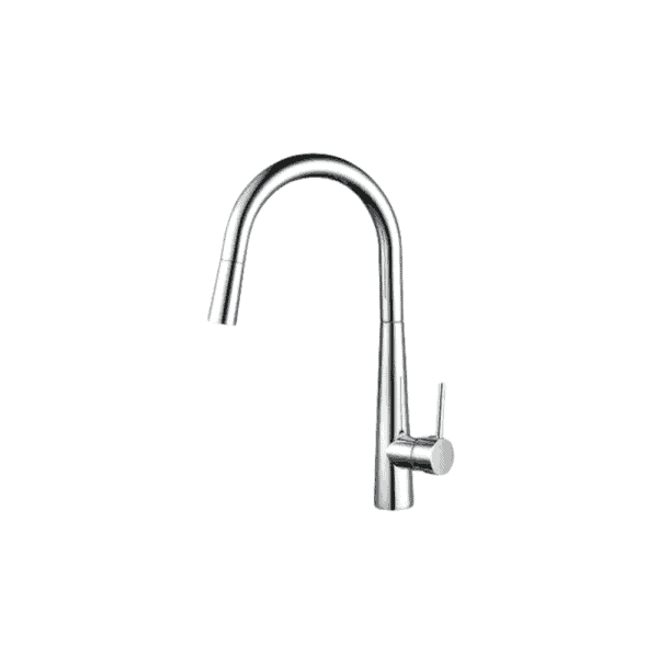 Brushed nickel kitchen faucet with pull-down sprayer for modern kitchen designs.