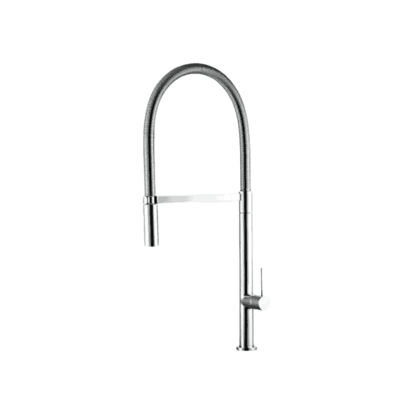 Brushed stainless steel kitchen faucet with pull-down spray head for modern kitchen sinks.