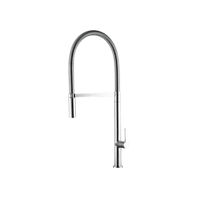 Brushed stainless steel kitchen faucet with pull-down spray head for modern kitchen sinks.