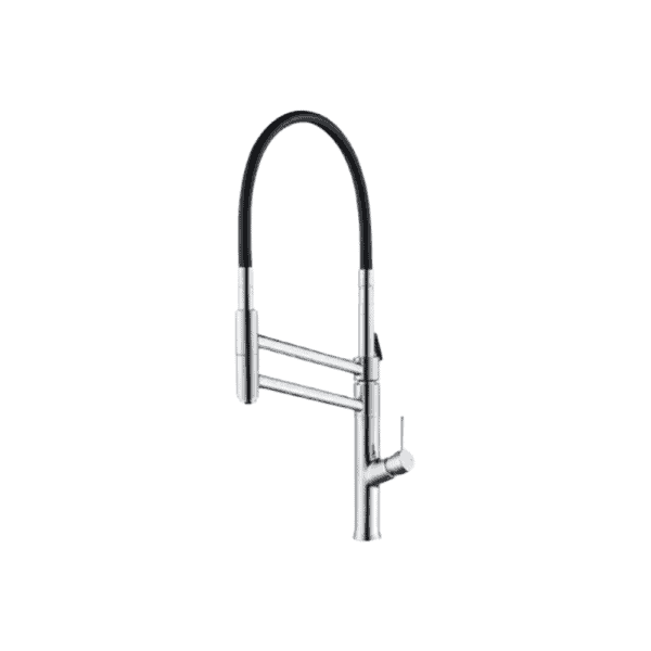 Flexible professional kitchen faucet with pull-down spray head for modern kitchen sink, high-arc design, stainless steel finish, and easy installation. Perfect for contemporary kitchen remodeling and upgrades.