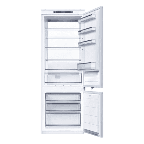 Stainless steel refrigerator with freezer, multiple adjustable shelves, and door storage compartments, ideal for modern kitchen organization and food preservation.