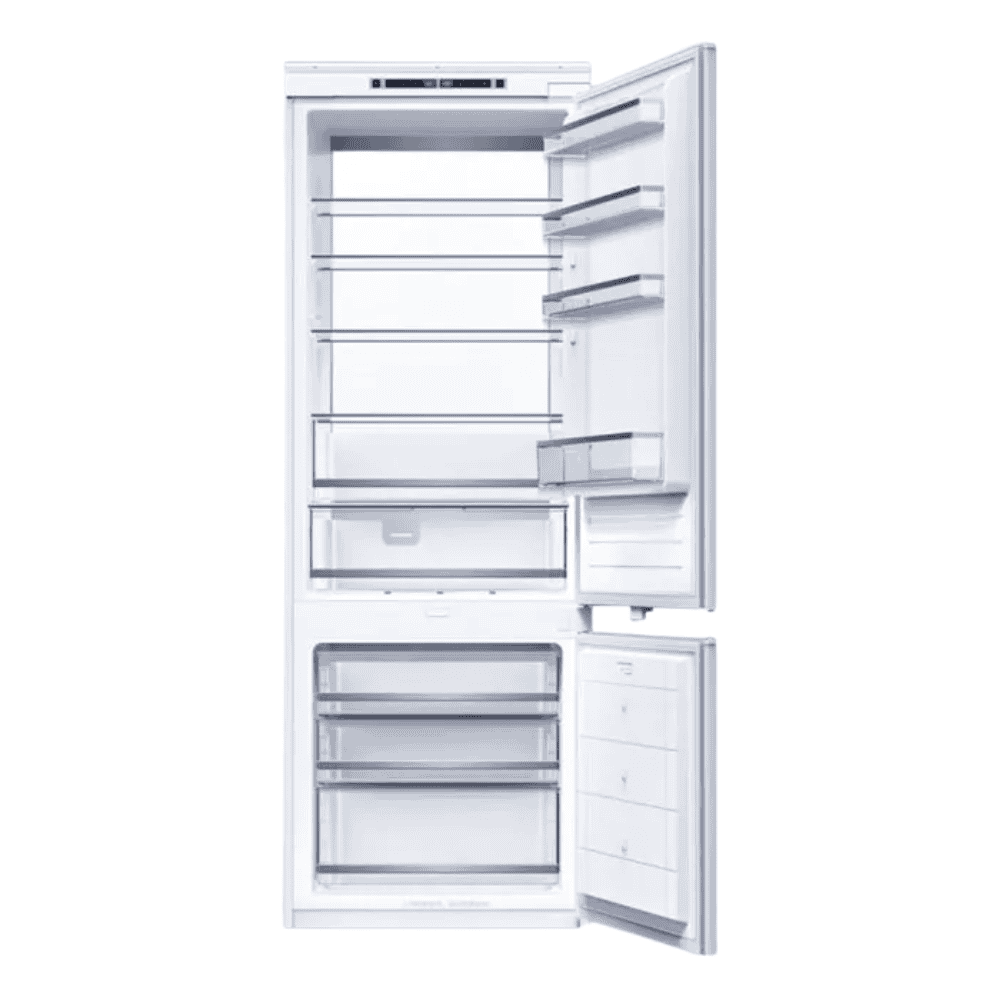 Stainless steel refrigerator with freezer, multiple adjustable shelves, and door storage compartments, ideal for modern kitchen organization and food preservation.