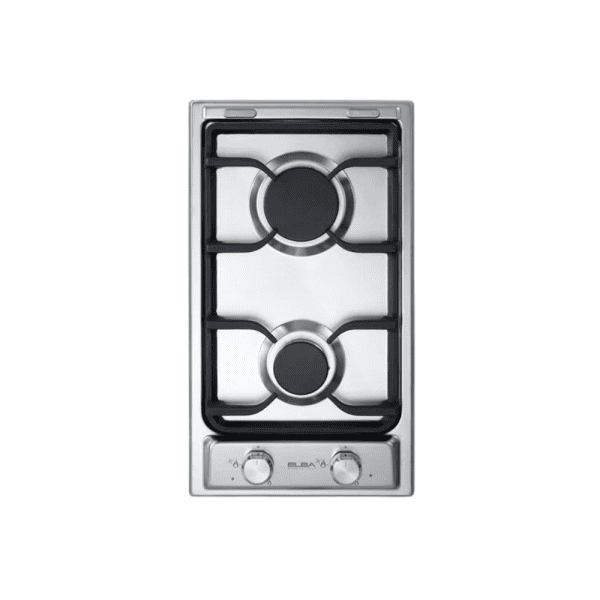 Gas stove cooktop with stainless steel finish and black burner grates for kitchen cooking solutions.