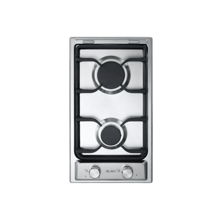 Gas stove cooktop with stainless steel finish and black burner grates for kitchen cooking solutions.
