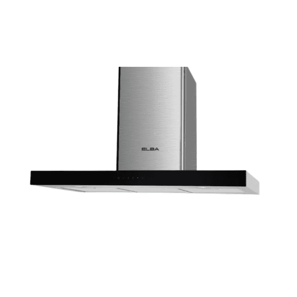 Stainless steel kitchen vent hood with black accents, modern design for improved cooking airflow and ventilation. Ideal for contemporary kitchens, easy to clean, durable materials.