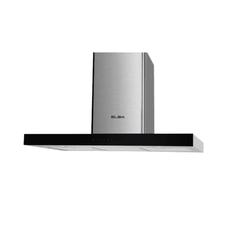 Stainless steel wall-mounted kitchen range hood with sleek black glass canopy, modern design, and high-performance ventilation for stylish and efficient kitchen exhaust.