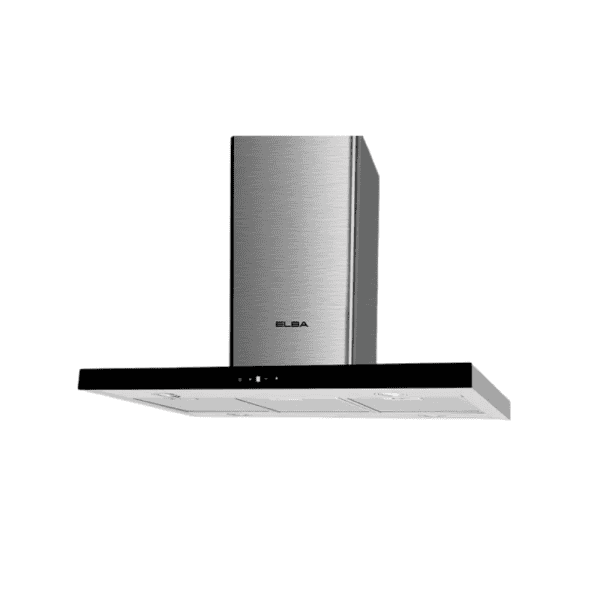 Stainless steel kitchen range hood with black glass front, modern ventilation system, and sleek design for kitchen renovation and upgrade.