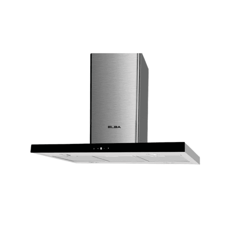 Stainless steel kitchen range hood with black glass front, modern ventilation system, and sleek design for kitchen renovation and upgrade.