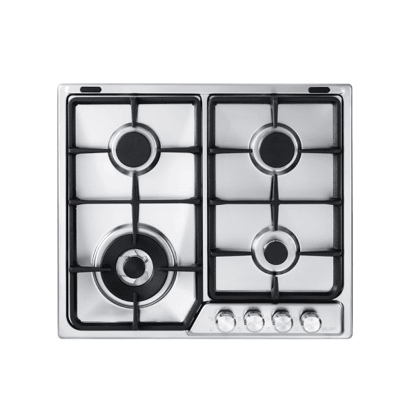4-burner stainless steel gas cooktop with black cast iron grates, modern design, and control knobs for kitchen cooking and appliance upgrade.