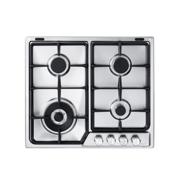 4-burner stainless steel gas cooktop with black cast iron grates, modern design, and control knobs for kitchen cooking and appliance upgrade.