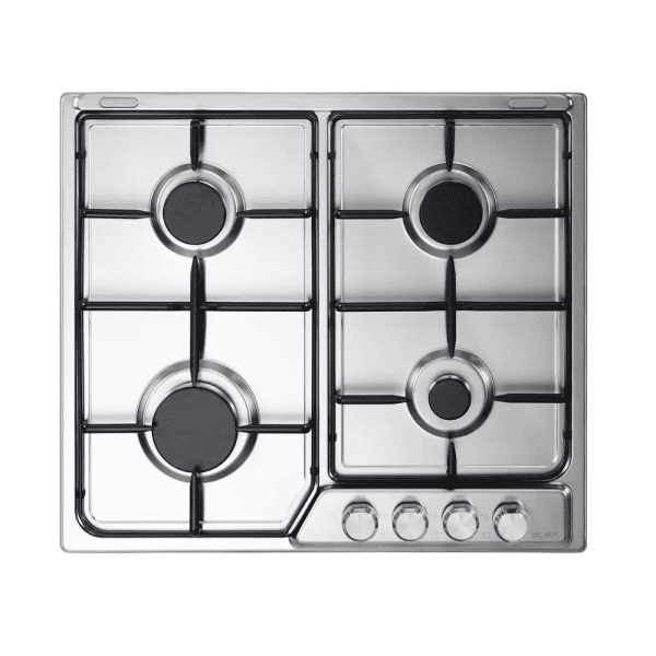 1. Stainless steel kitchen gas stove with four burners, black control knobs, and durable design for modern kitchens.