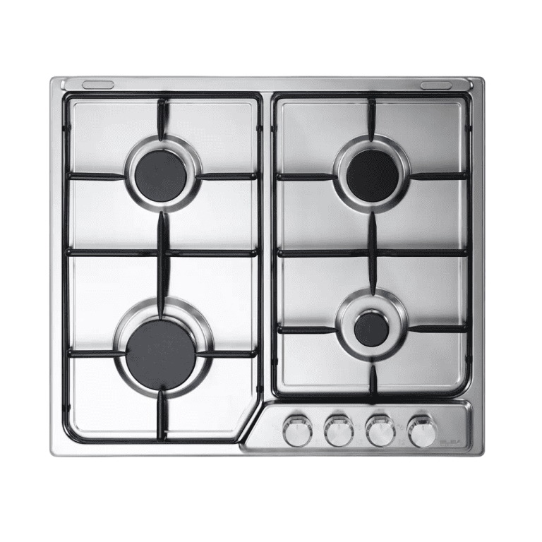 1. Stainless steel kitchen gas stove with four burners, black control knobs, and durable design for modern kitchens.