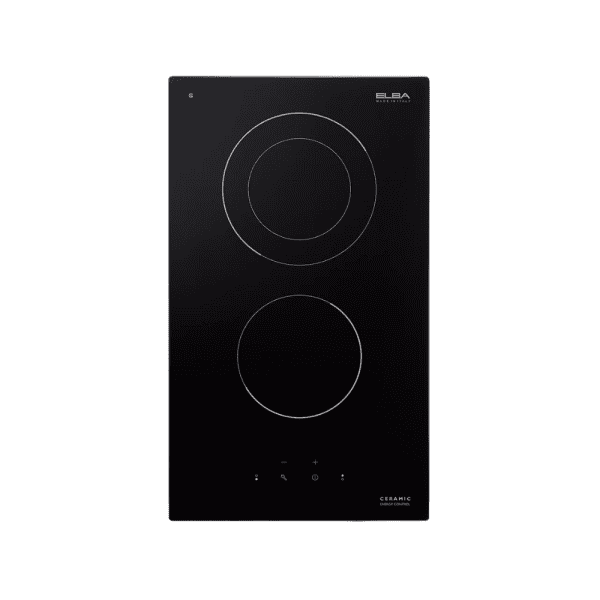 Smooth black electric cooktop with dual burners and easy touch controls for modern kitchen convenience. Made in Italy by ELBA, features ceramic energy control and sleek design. Ideal for home chefs.