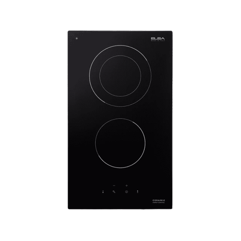 Smooth black electric cooktop with dual burners and easy touch controls for modern kitchen convenience. Made in Italy by ELBA, features ceramic energy control and sleek design. Ideal for home chefs.