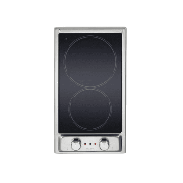 Electric cooktop with two burners, stainless steel frame, and adjustable knobs for precise cooking control. Compact design ideal for modern kitchens and small spaces.