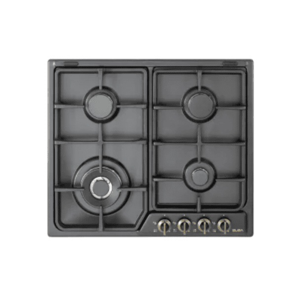 High-quality black gas cooktop with four burners and easy-to-use control knobs, perfect for modern kitchens and home cooking efficiency.