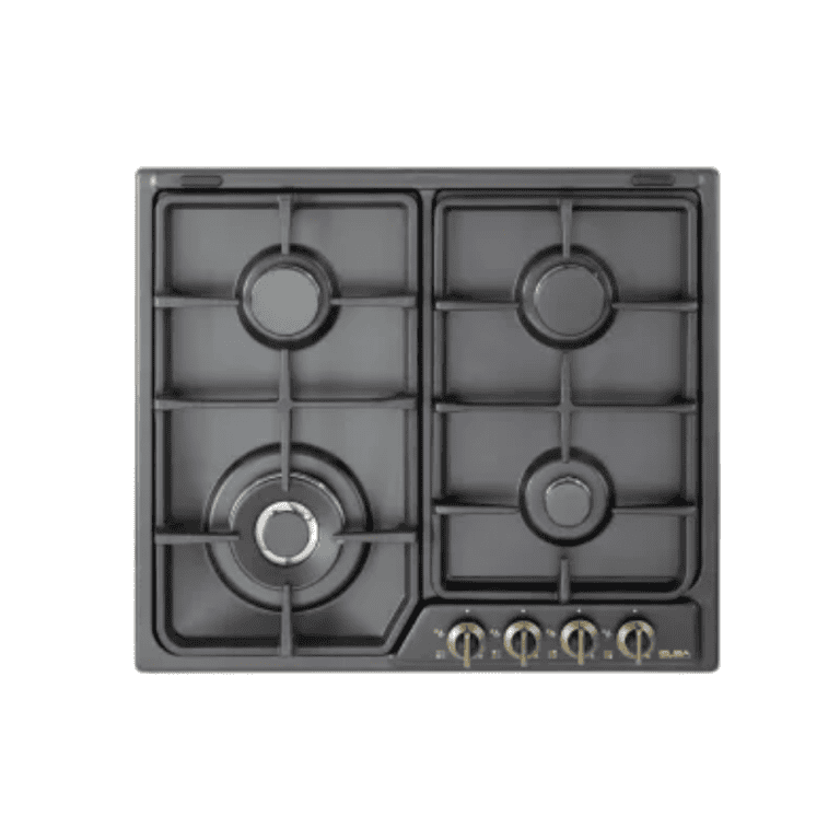 High-quality black gas cooktop with four burners and easy-to-use control knobs, perfect for modern kitchens and home cooking efficiency.