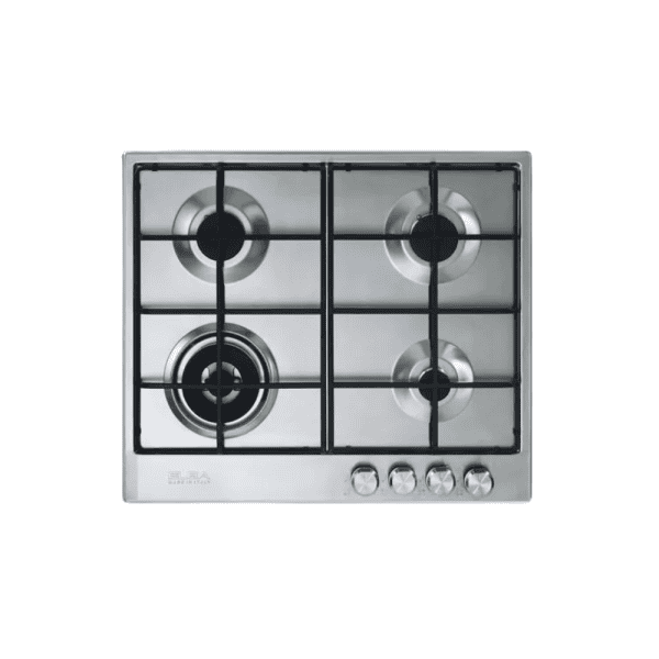 Stainless steel four-burner gas cooktop with black cast iron grates, modern kitchen stovetop, durable build, professional-grade cooking appliance for home or commercial kitchens.