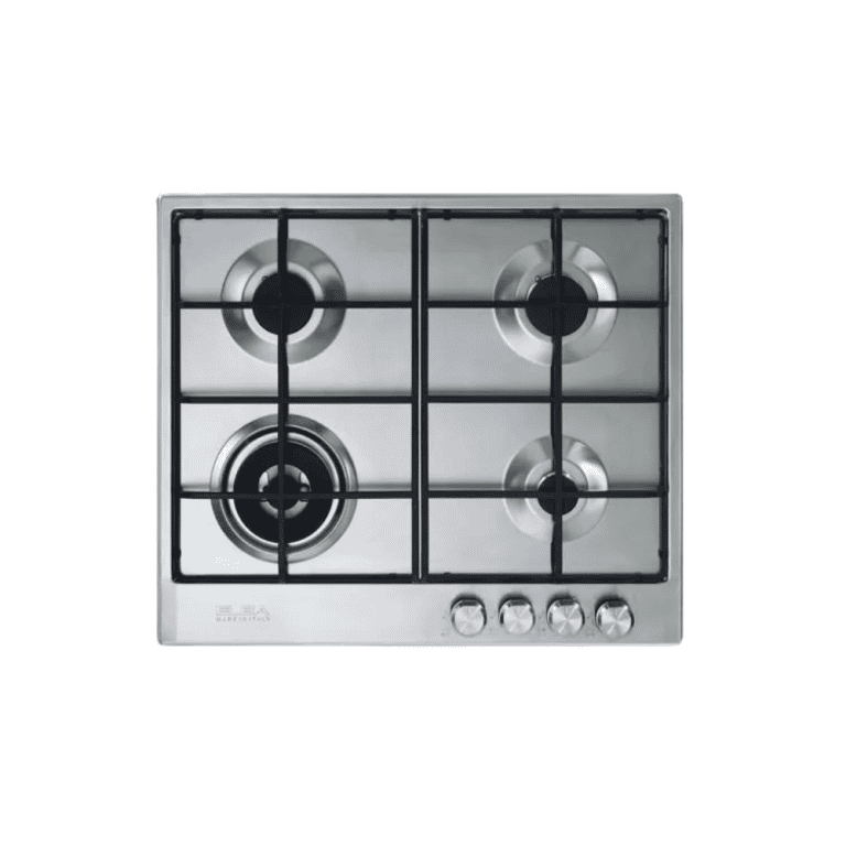 Stainless steel four-burner gas cooktop with black cast iron grates, modern kitchen stovetop, durable build, professional-grade cooking appliance for home or commercial kitchens.
