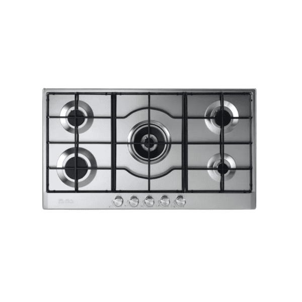 Stainless steel gas cooktop with five burners, durable and modern design, ideal for kitchen cooking and culinary purposes, featuring easy-to-use control knobs.