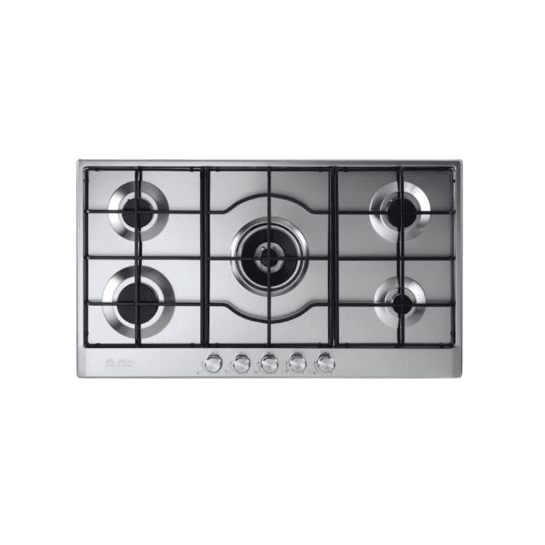 Stainless steel gas cooktop with five burners, durable and modern design, ideal for kitchen cooking and culinary purposes, featuring easy-to-use control knobs.