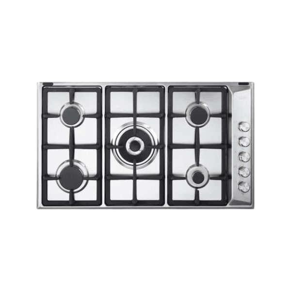 Stainless steel gas cooktop with five burners, durable grates, and precise control knobs, perfect for modern kitchens and professional cooking setups.