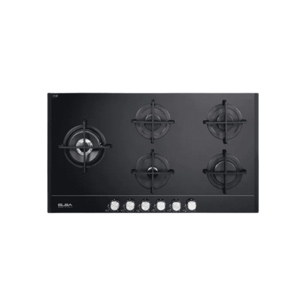 1. Black gas cooktop with four burners, stainless steel control knobs, and modern design for stylish kitchens.