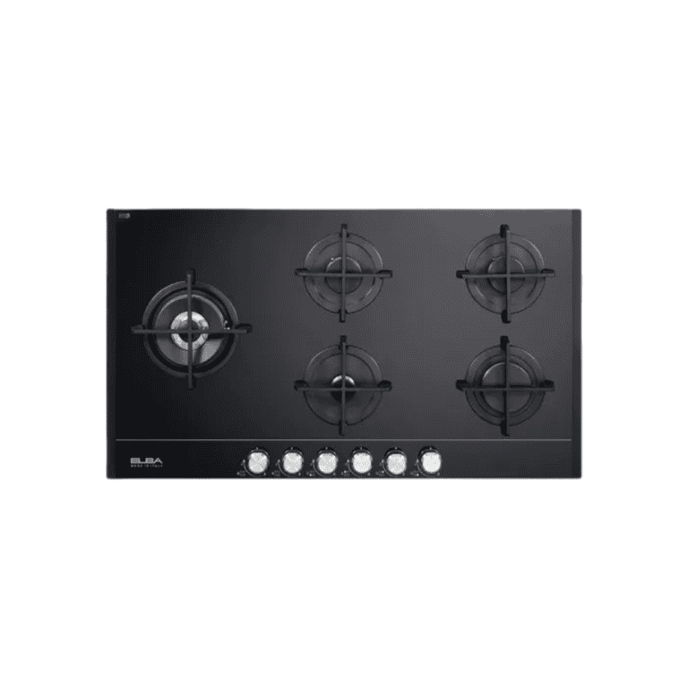 1. Black gas cooktop with four burners, stainless steel control knobs, and modern design for stylish kitchens.