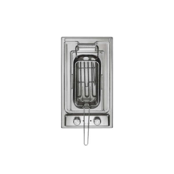 Stainless steel commercial deep fryer with adjustable temperature controls, suitable for professional kitchens. Durable and easy to clean, ideal for frying a variety of foods efficiently.