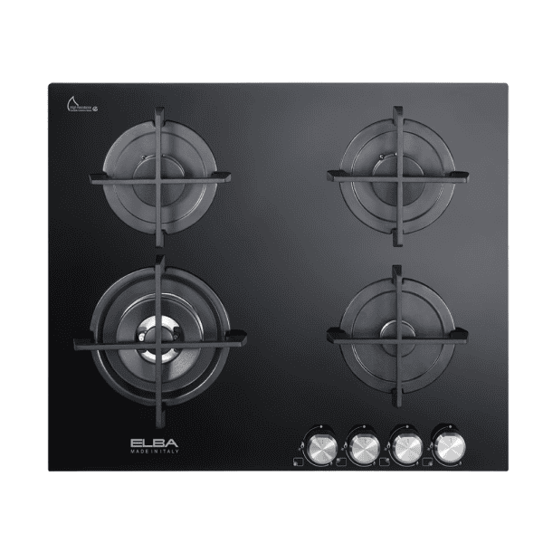 High-performance black gas cooktop with four burners, durable cast iron grates, and sleek control knobs, perfect for modern kitchen remodeling and professional cooking environments.