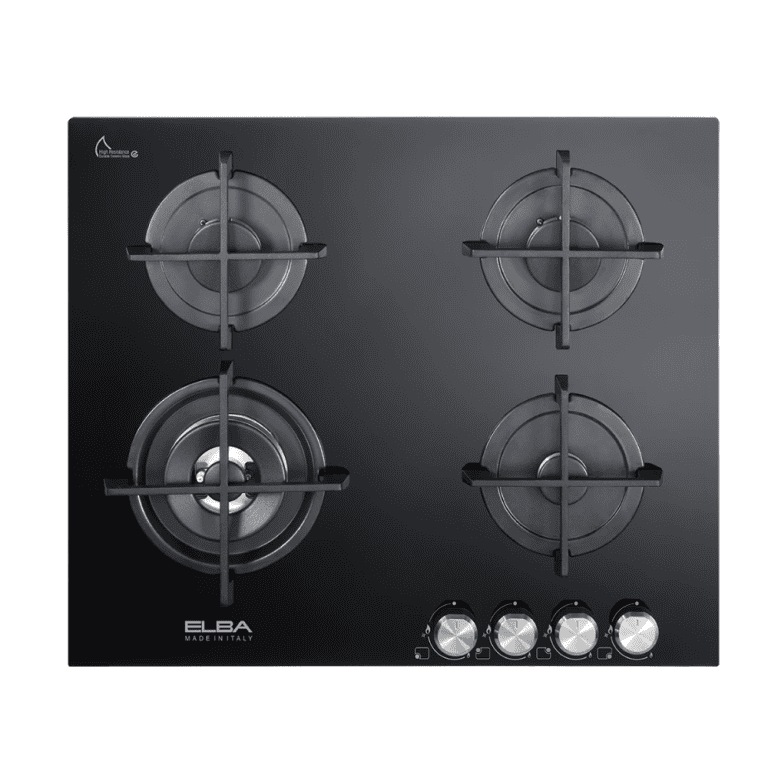 High-performance black gas cooktop with four burners, durable cast iron grates, and sleek control knobs, perfect for modern kitchen remodeling and professional cooking environments.