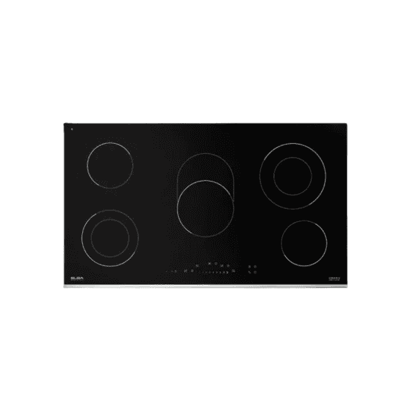 1. Modern black glass electric cooktop with five heating zones, touch control panel, and sleek design for kitchen renovation and cooking efficiency.