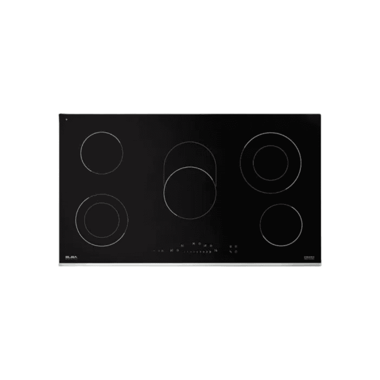 1. Modern black glass electric cooktop with five heating zones, touch control panel, and sleek design for kitchen renovation and cooking efficiency.