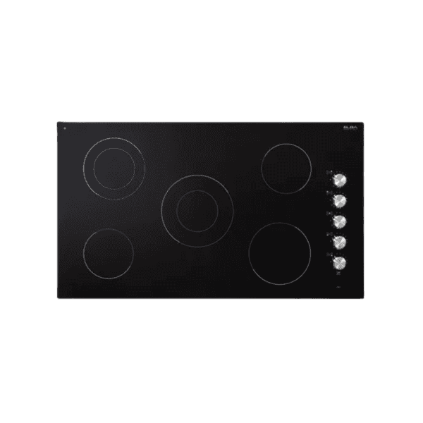Electric cooktop with five burners, sleek black glass surface, and silver control knobs for modern kitchen upgrade. Ideal for home cooking and professional culinary use.