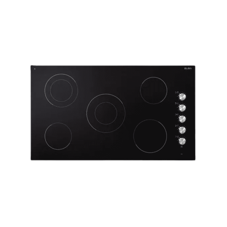 Electric cooktop with five burners, sleek black glass surface, and silver control knobs for modern kitchen upgrade. Ideal for home cooking and professional culinary use.