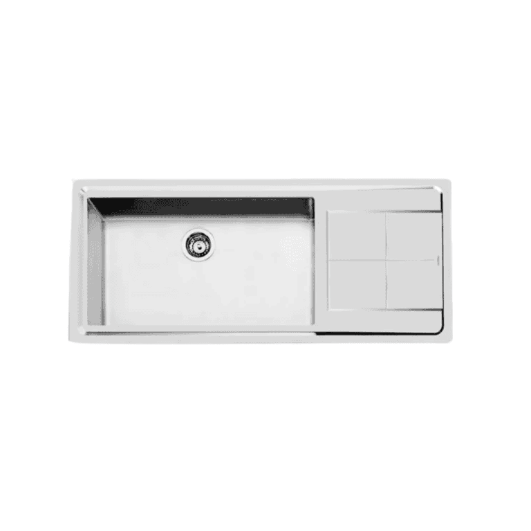 Stainless steel kitchen sink with integrated drainboard, modern design, durable material, perfect for culinary and household use, enhances kitchen functionality and aesthetics.