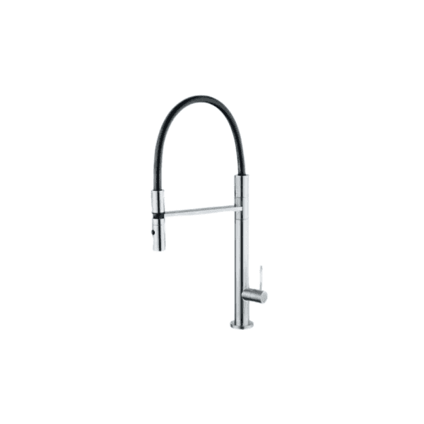 Modern kitchen faucet with a sleek chrome finish and black flexible hose for versatile kitchen sink use. Durable, stylish, high-quality kitchen faucet for contemporary kitchens.