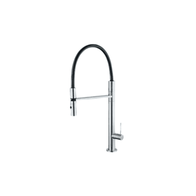 Modern kitchen faucet with a sleek chrome finish and black flexible hose for versatile kitchen sink use. Durable, stylish, high-quality kitchen faucet for contemporary kitchens.